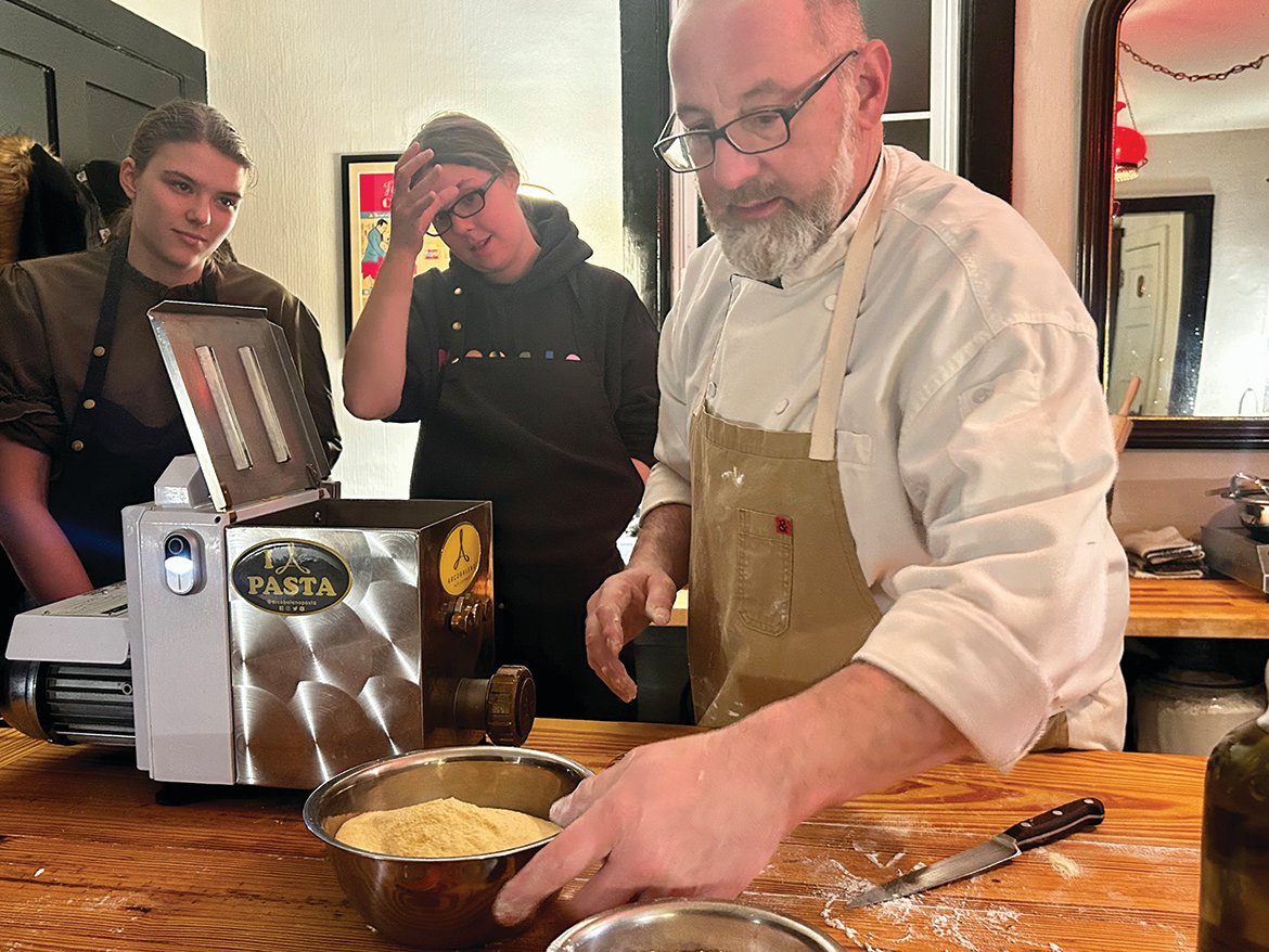 Gerald “Gerry” Pellegrino, owner of Strickland Hollow Tasting Room & Bottle Shop gives a pasta-making class.